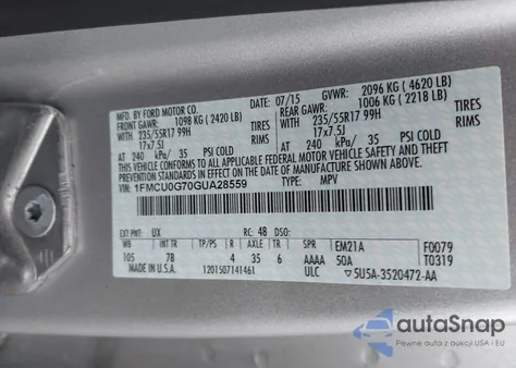 2016 Ford Escape Se из США, поврежденный, VIN 1FMCU0G70GUA28559